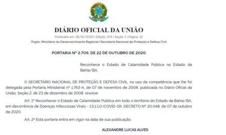 União reconhece decreto de calamidade pública da Bahia por causa da Covid-19