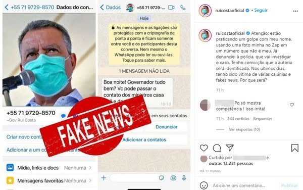 Criminosos utilizam foto e nome de Rui Costa em golpe pelo WhatsApp; governador denuncia caso à polícia