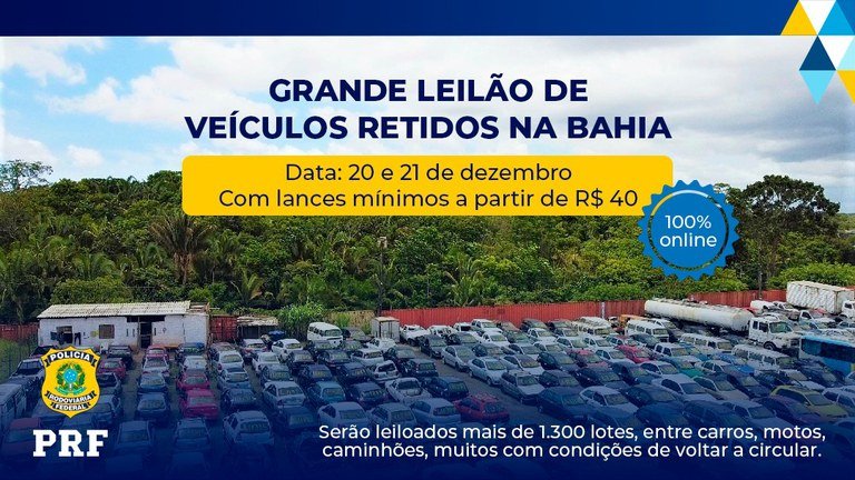 PRF realizará mais um leilão on-line com mais de 1.300 veículos retidos na Bahia