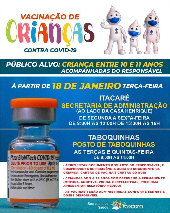 Itacaré inicia nesta terça-feira  vacinação de crianças e adolescentes