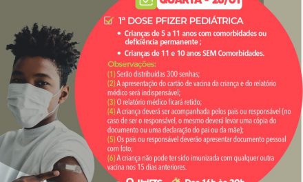 Começa amanhã (26), a vacinação de primeira dose da Pfizer pediátrica contra a Covid-19 para crianças de 5 a 11 anos