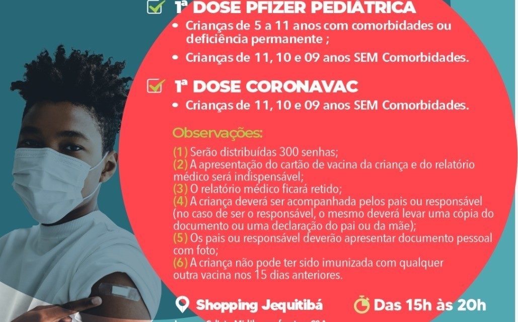 Amanhã (05) é dia de vacinação infantil contra a Covid-19 no Shopping Jequitibá