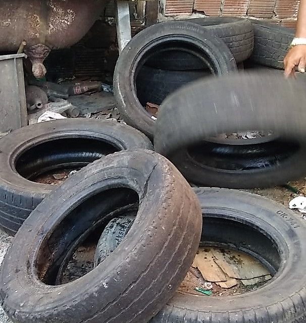 Agentes de Combate às Endemias recolhem pneus no Conceição após denúncia