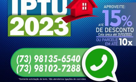 Itabuna disponibiliza boletos do IPTU 2023 via WhastApp