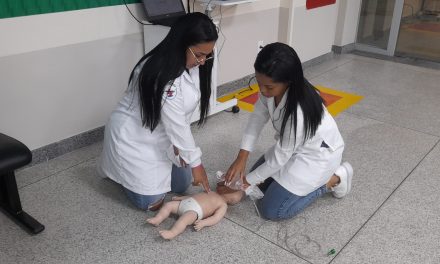 Estudantes de enfermagem ensinam mães sobre como agir em caso de acidentes com os bebês